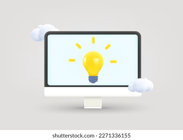 Computer monitor with lightbulb and blank screen. Inspiration concept. 3d vector illustration