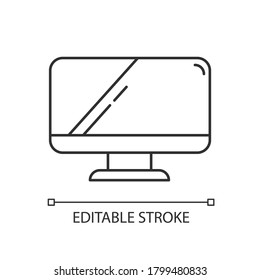 Computer monitor linear icon. PC wide screen. TV display for office. Electronic device. Thin line customizable illustration. Contour symbol. Vector isolated outline drawing. Editable stroke