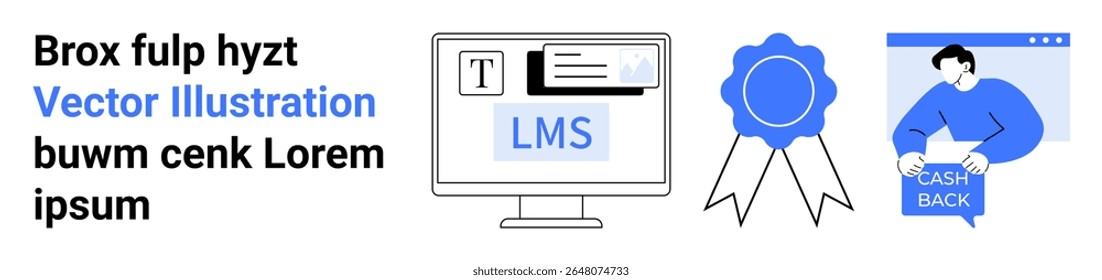 Monitor do computador com texto LMS, ícone de certificado, pessoa que recebe cashback. Ideal para educação, certificações, plataformas de e-learning, cursos on-line, programas de recompensas, materiais de marketing, site