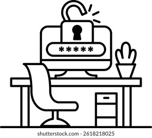 A computer monitor with a lock on it and a plant in the background