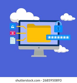 computer monitor with a locked folder, password field, and cloud elements.