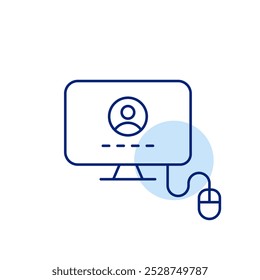 Monitor do computador com campo de login e mouse. Proteger entrada de conta de usuário. Ícone de vetor perfeito de pixel