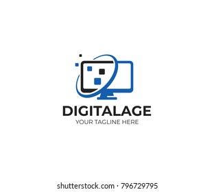 Computer Monitor Logo Template. Digital Screen Vector Design. Device Illustration