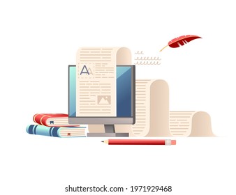 Computer monitor with long paper list books and pen online education concept vector illustration on white background