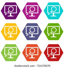 Computer monitor magnifying glass icon set many color hexahedron isolated on white vector illustration