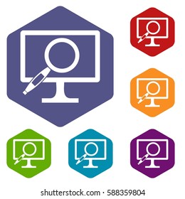 Computer monitor magnifying glass icons set rhombus in different colors isolated on white background