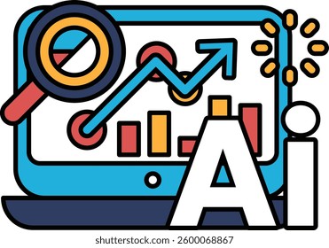 A computer monitor with a magnifying glass on it and a graph with a line going up. The word AI is written below the graph