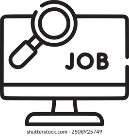 Computer monitor with magnifying glass, representing job search or online recruitment. Computer monitor with magnifying glass icon representing job search, online recruitment, and career opportunities