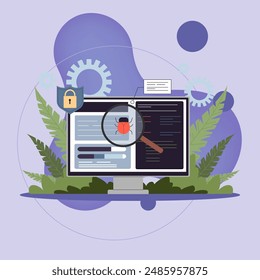 Computer monitor with magnifying glass showing bug in program vector illustration. Fixing bugs in hardware device, debugging process. Application development and quality assurance service concept