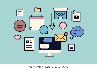 Computer monitor with many notifications and modern device with overwhelmed letters, calls, text message, emails, desktop with important on white background flat vector illustration.