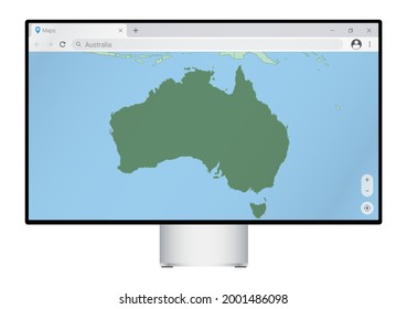 Computer monitor with map of Australia in browser, search for the country of Australia on the web mapping program. Vector template.