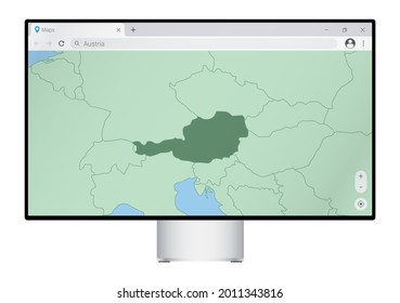 Computer monitor with map of Austria in browser, search for the country of Austria on the web mapping program. Vector template.