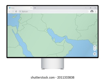 Computer monitor with map of Bahrain in browser, search for the country of Bahrain on the web mapping program. Vector template.