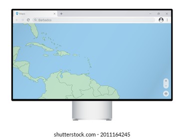 Computer monitor with map of Barbados in browser, search for the country of Barbados on the web mapping program. Vector template.