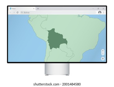Computer monitor with map of Bolivia in browser, search for the country of Bolivia on the web mapping program. Vector template.