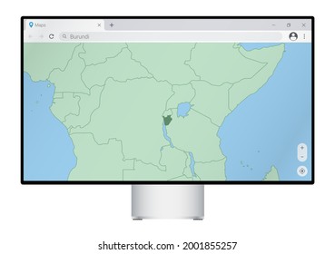 Computer monitor with map of Burundi in browser, search for the country of Burundi on the web mapping program. Vector template.