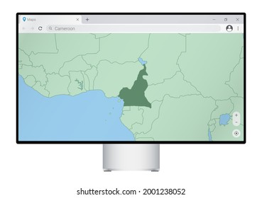 Computer monitor with map of Cameroon in browser, search for the country of Cameroon on the web mapping program. Vector template.