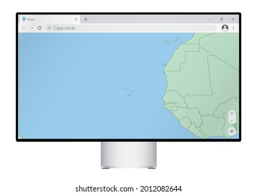 Computer monitor with map of Cape Verde in browser, search for the country of Cape Verde on the web mapping program. Vector template.