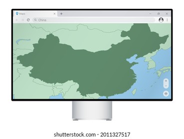 Computer monitor with map of China in browser, search for the country of China on the web mapping program. Vector template.