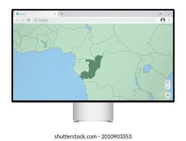 Computer monitor with map of Congo in browser, search for the country of Congo on the web mapping program. Vector template.