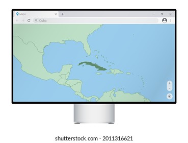 Computer monitor with map of Cuba in browser, search for the country of Cuba on the web mapping program. Vector template.