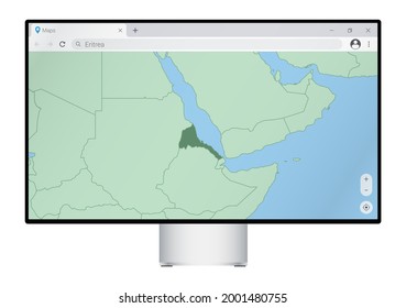Computer monitor with map of Eritrea in browser, search for the country of Eritrea on the web mapping program. Vector template.