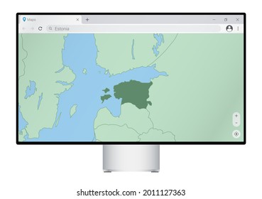 Computer monitor with map of Estonia in browser, search for the country of Estonia on the web mapping program. Vector template.
