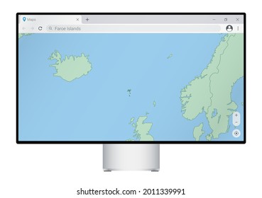 Computer monitor with map of Faroe Islands in browser, search for the country of Faroe Islands on the web mapping program. Vector template.