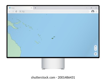 Computer monitor with map of Fiji in browser, search for the country of Fiji on the web mapping program. Vector template.