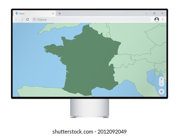 Computer monitor with map of France in browser, search for the country of France on the web mapping program. Vector template.