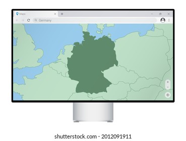 Computer monitor with map of Germany in browser, search for the country of Germany on the web mapping program. Vector template.