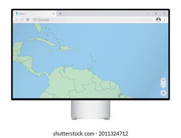 Computer monitor with map of Grenada in browser, search for the country of Grenada on the web mapping program. Vector template.
