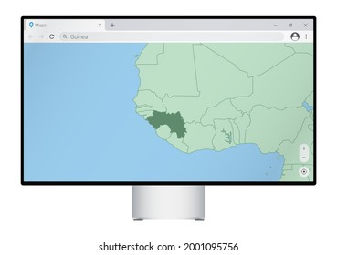Computer monitor with map of Guinea in browser, search for the country of Guinea on the web mapping program. Vector template.