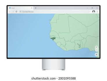 Computer monitor with map of Guinea-Bissau in browser, search for the country of Guinea-Bissau on the web mapping program. Vector template.