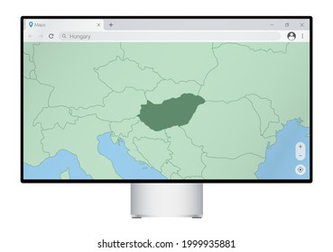 Computer monitor with map of Hungary in browser, search for the country of Hungary on the web mapping program. Vector template.