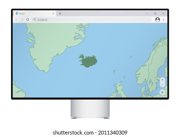 Computer monitor with map of Iceland in browser, search for the country of Iceland on the web mapping program. Vector template.