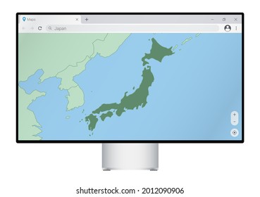 Computer monitor with map of Japan in browser, search for the country of Japan on the web mapping program. Vector template.