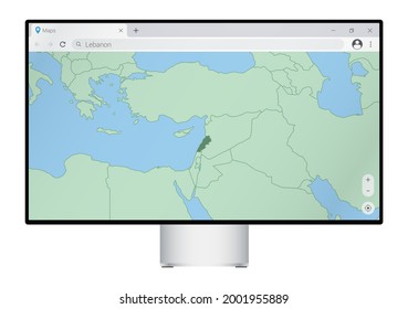 Computer monitor with map of Lebanon in browser, search for the country of Lebanon on the web mapping program. Vector template.
