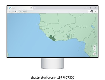 Computer monitor with map of Liberia in browser, search for the country of Liberia on the web mapping program. Vector template.