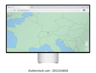 Computer monitor with map of Liechtenstein in browser, search for the country of Liechtenstein on the web mapping program. Vector template.