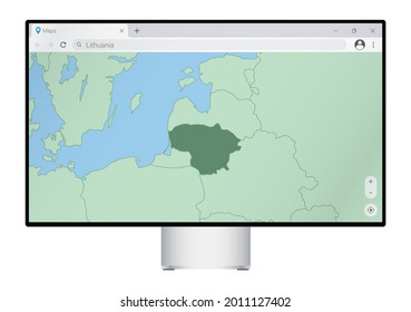 Computer monitor with map of Lithuania in browser, search for the country of Lithuania on the web mapping program. Vector template.