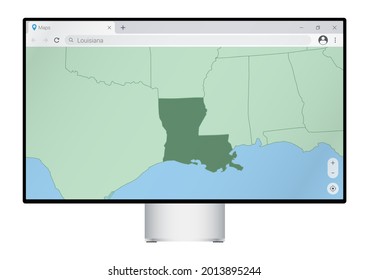 Computer monitor with map of Louisiana in browser, search for the country of Louisiana on the web mapping program. Vector template.