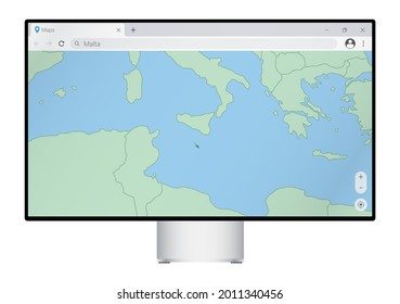 Computer monitor with map of Malta in browser, search for the country of Malta on the web mapping program. Vector template.