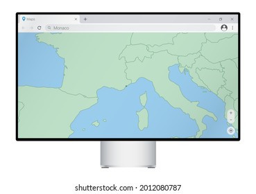 Computer monitor with map of Monaco in browser, search for the country of Monaco on the web mapping program. Vector template.
