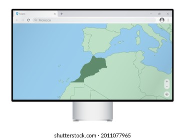 Computer monitor with map of Morocco in browser, search for the country of Morocco on the web mapping program. Vector template.