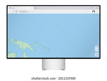 Computer monitor with map of Nauru in browser, search for the country of Nauru on the web mapping program. Vector template.