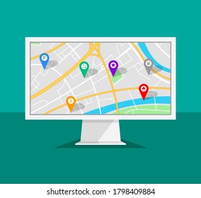 Computer monitor with map navigation on a screen. GPS navigator with different pinpoints. Vector illustration.