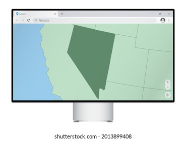 Computer monitor with map of Nevada in browser, search for the country of Nevada on the web mapping program. Vector template.