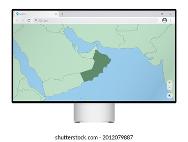 Computer monitor with map of Oman in browser, search for the country of Oman on the web mapping program. Vector template.