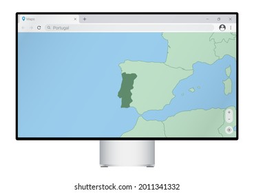 Computer monitor with map of Portugal in browser, search for the country of Portugal on the web mapping program. Vector template.